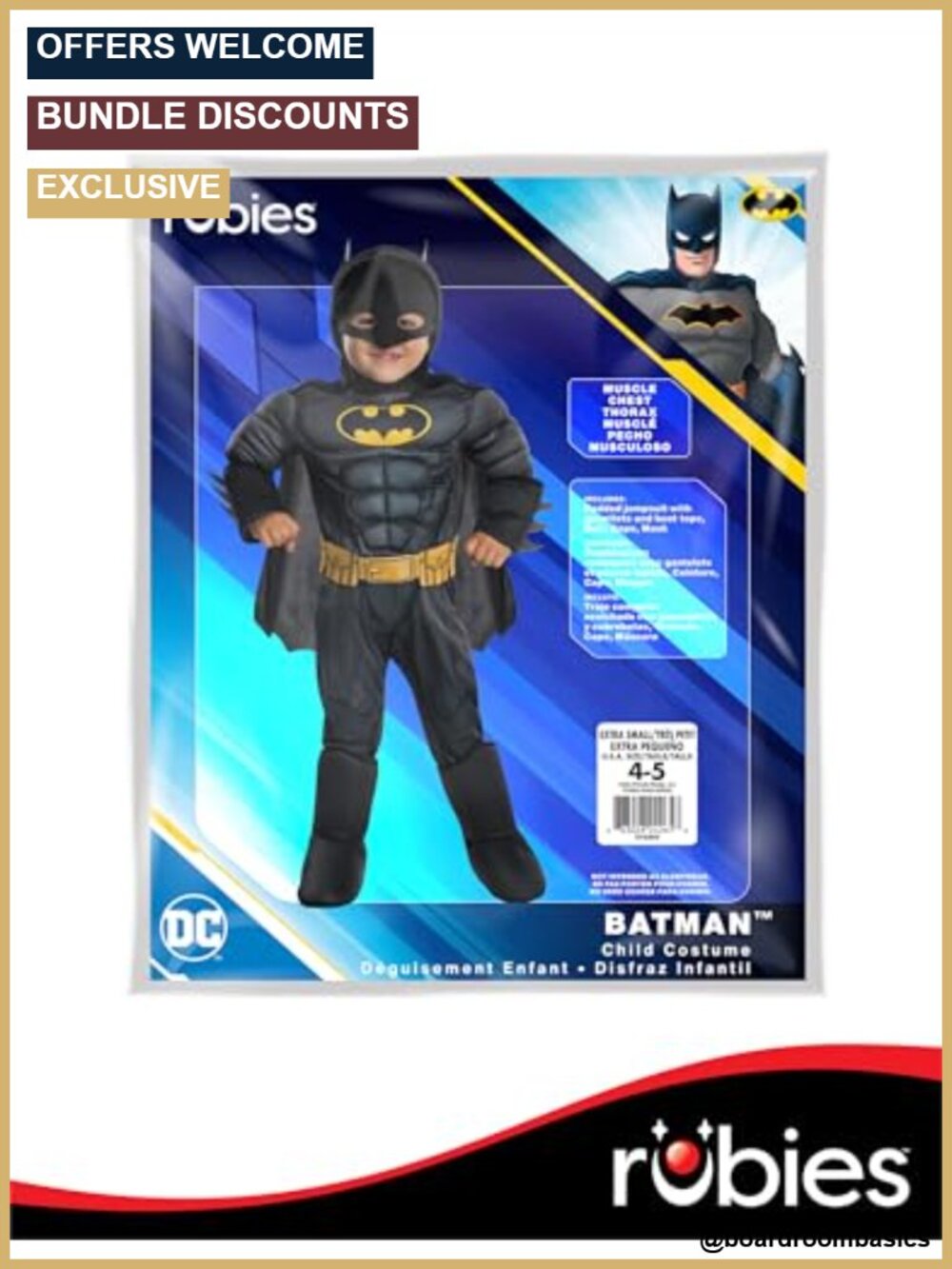 Toddler Batman Deluxe Costume Padded Jumpsuit Cape Mask - Picture 5 of 6